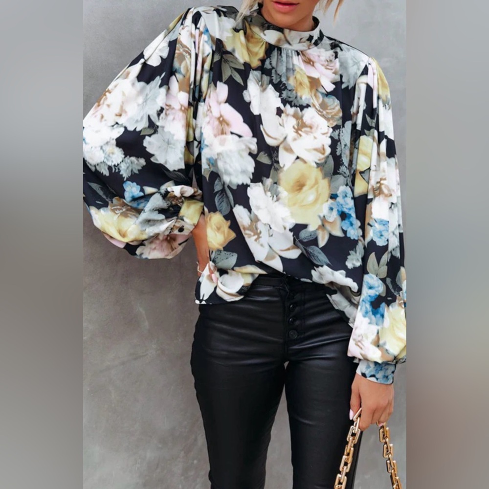 Beetsweeti Floral Women's Top - Black, Yellow, Blue 2XL